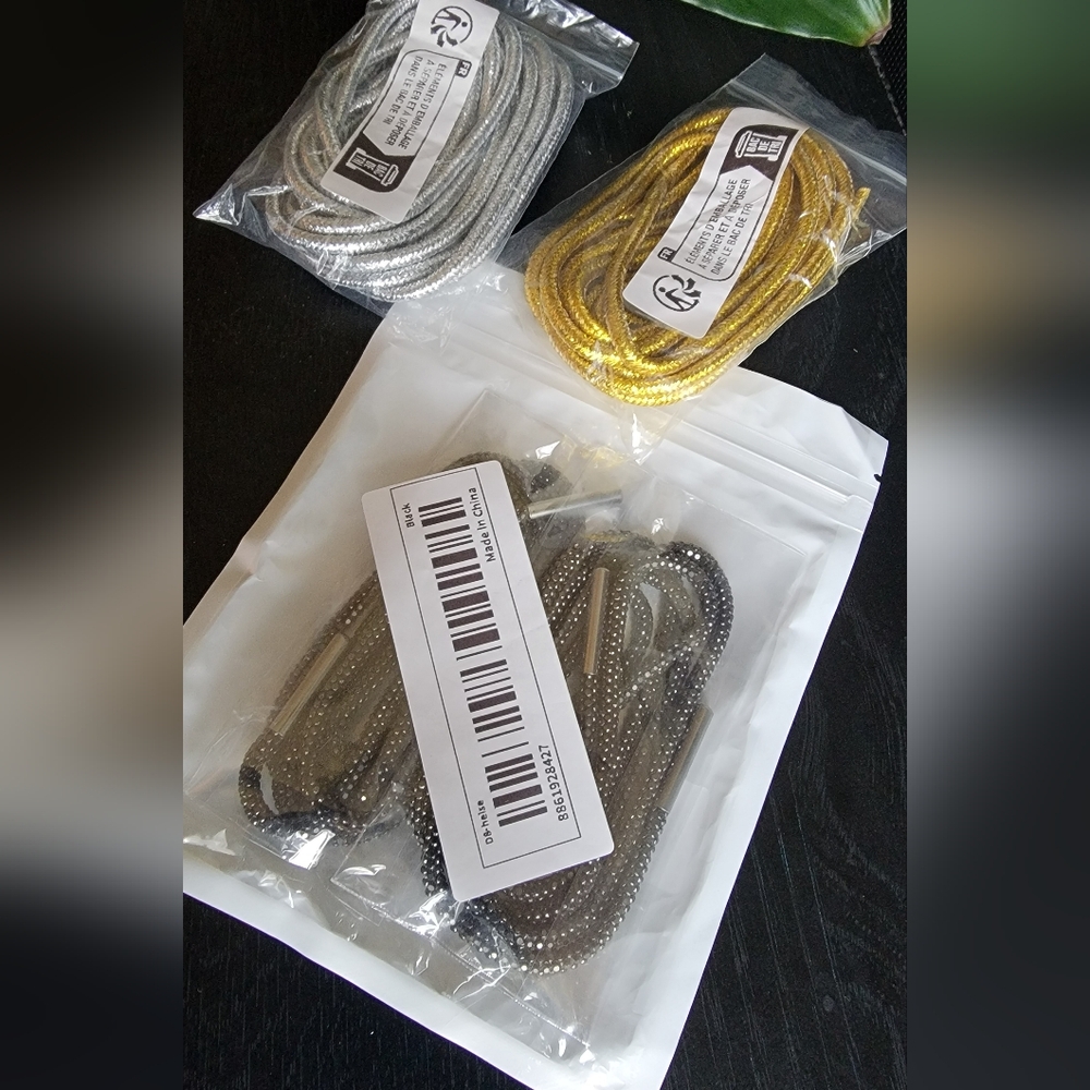 Shoe strings. GOLD, SILVER and Black GLITTER. Set Of  3. 46inch. NWT*